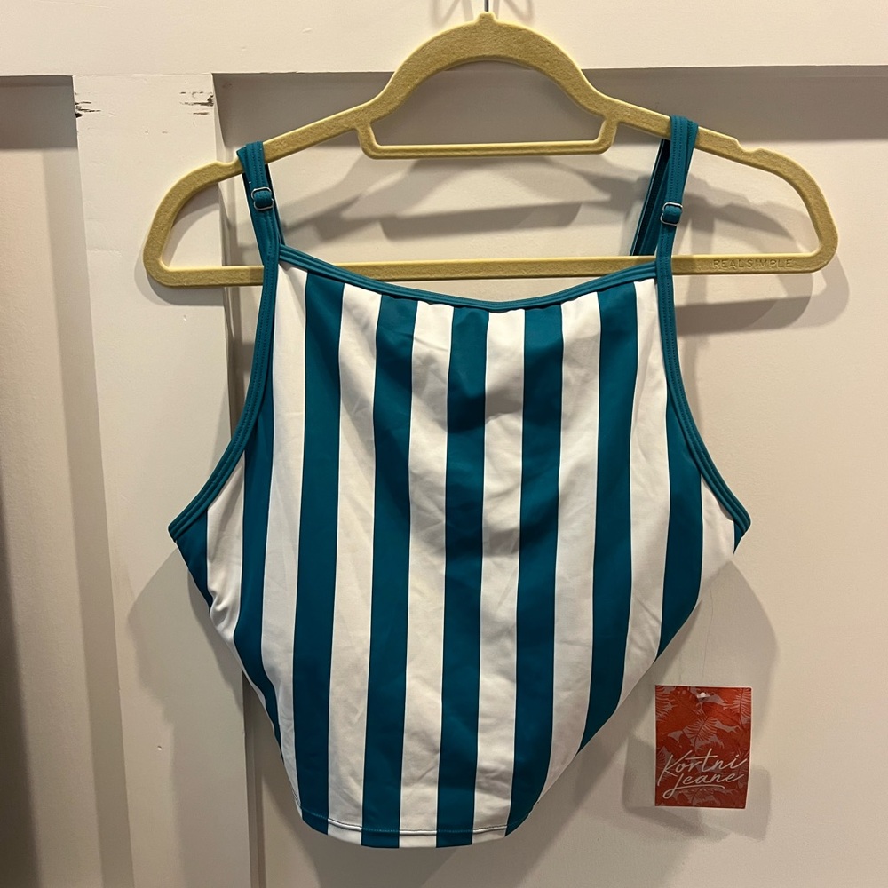Kortni Jeane, size large, teal and white striped halter bathing suit top, NWT